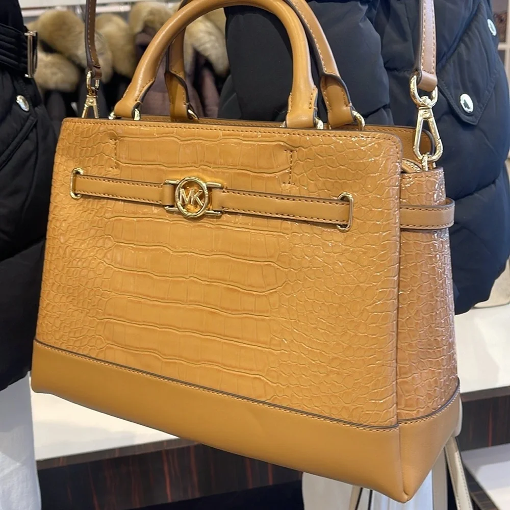 MICHAEL KORS Reed Lg Leather Belted Satchel Crossbody Handbag CZ Deer Crocodile